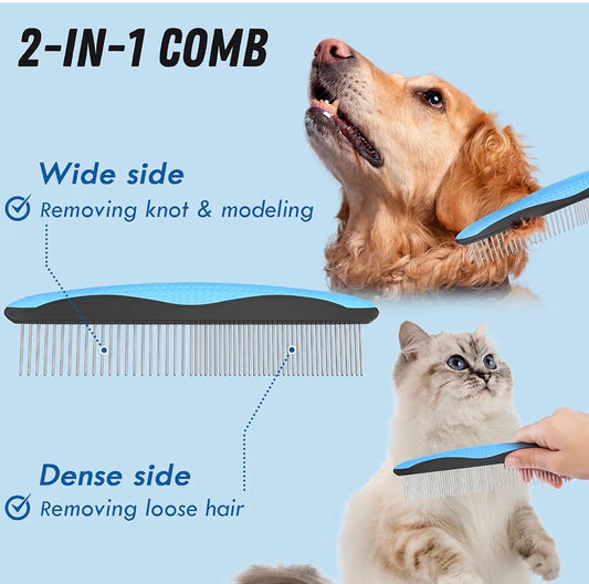 Pet Grooming Combo – Deshedding Brush & Metal Dematting Comb for Long-Haired Pets